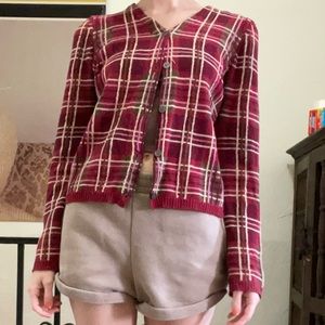 Anthropologie lambswool cardigan M in red plaid